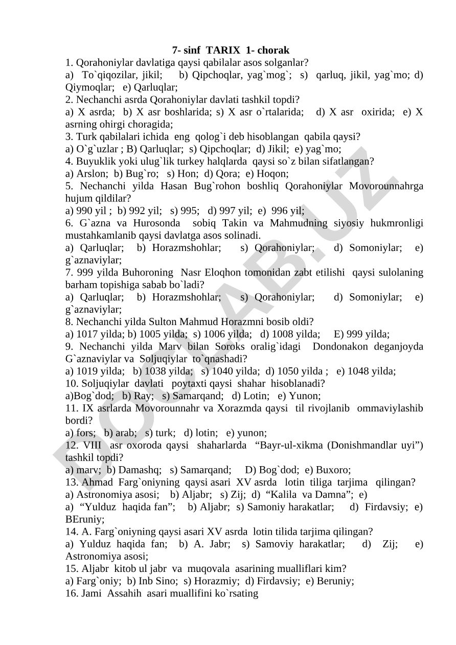 Qorahoniylar davlati tarixi test savollari
