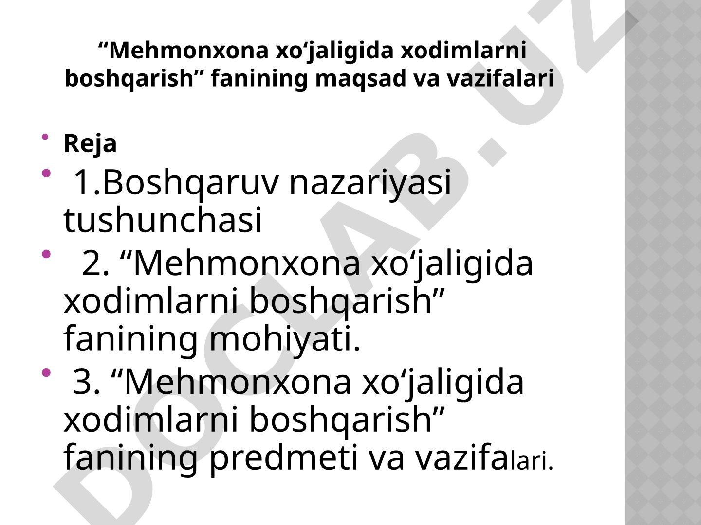 Mehmonxona xo'jaligida xodimlarni boshqarish taqdimoti