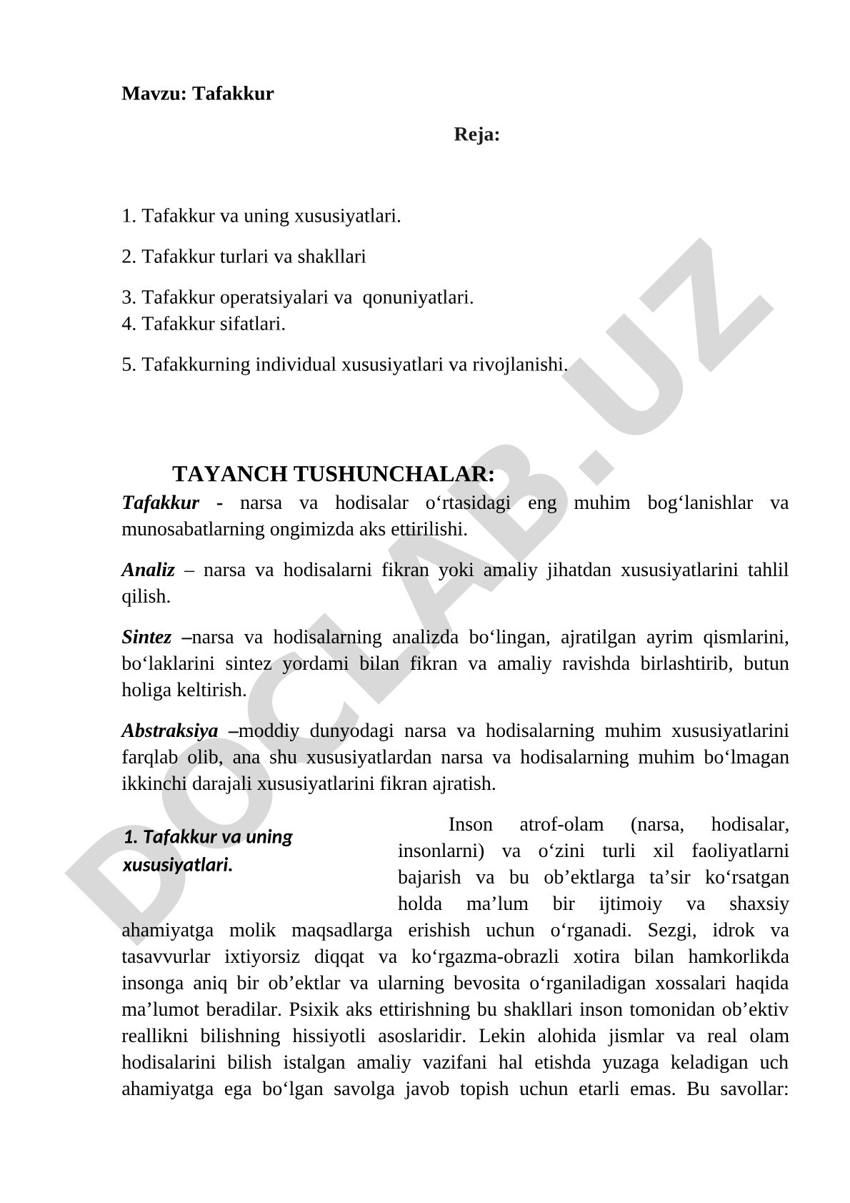 Tafakkur haqida yozma ish