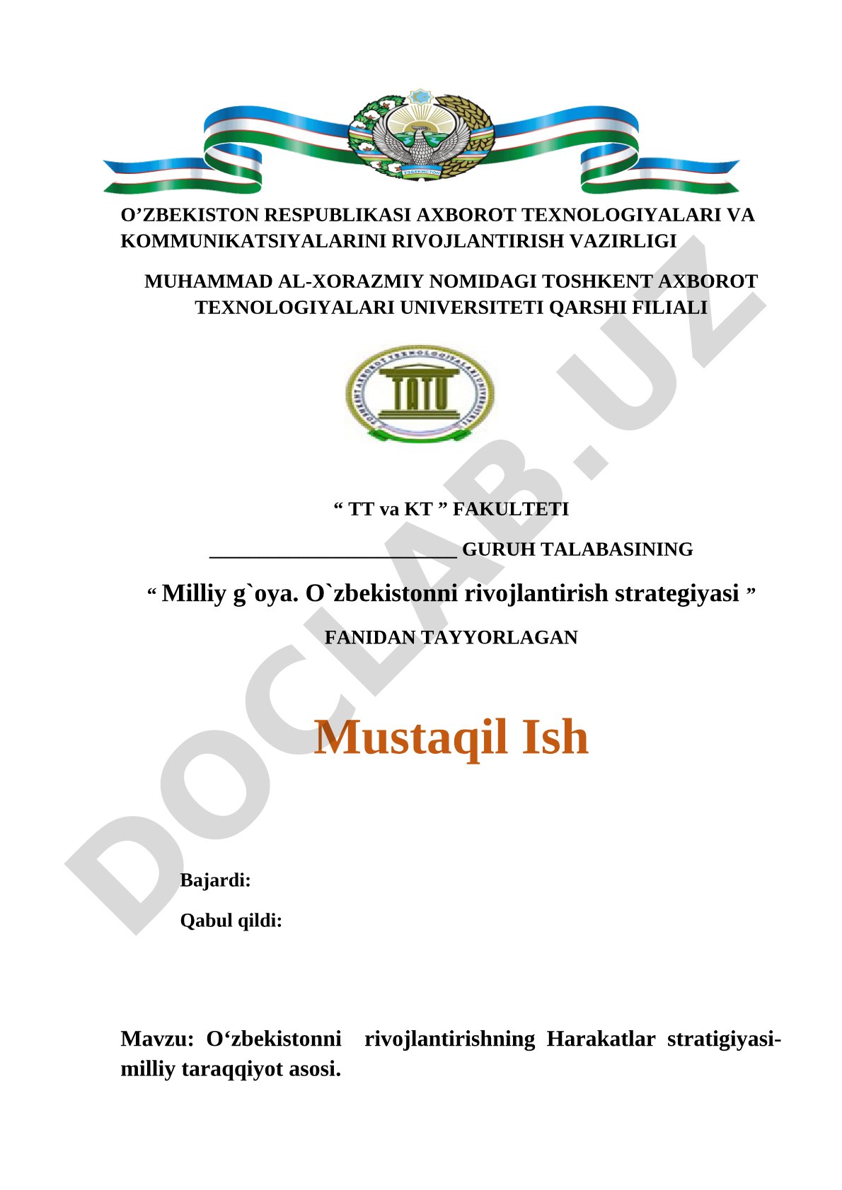 Mustaqil ishning reja va mazmuni