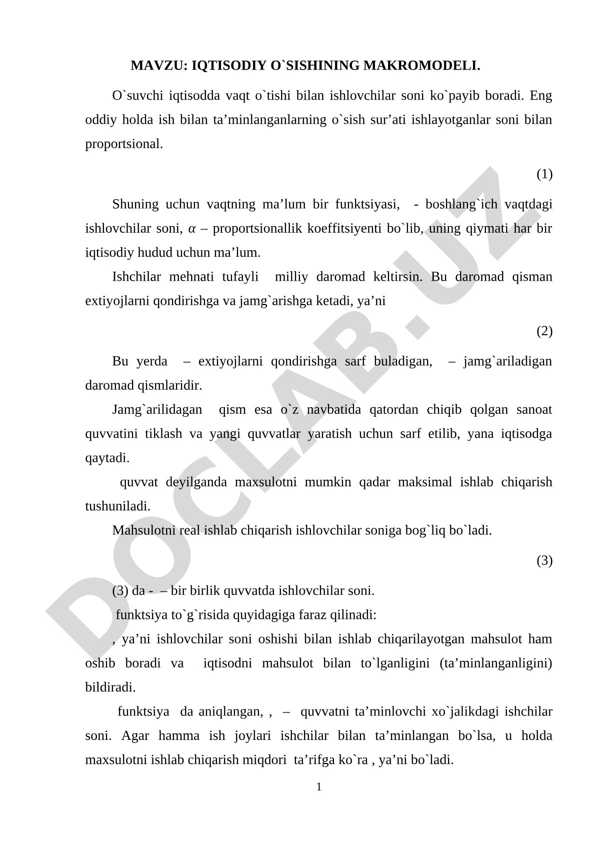 Iqtisodiy o'sish makromodeli kurs ishi