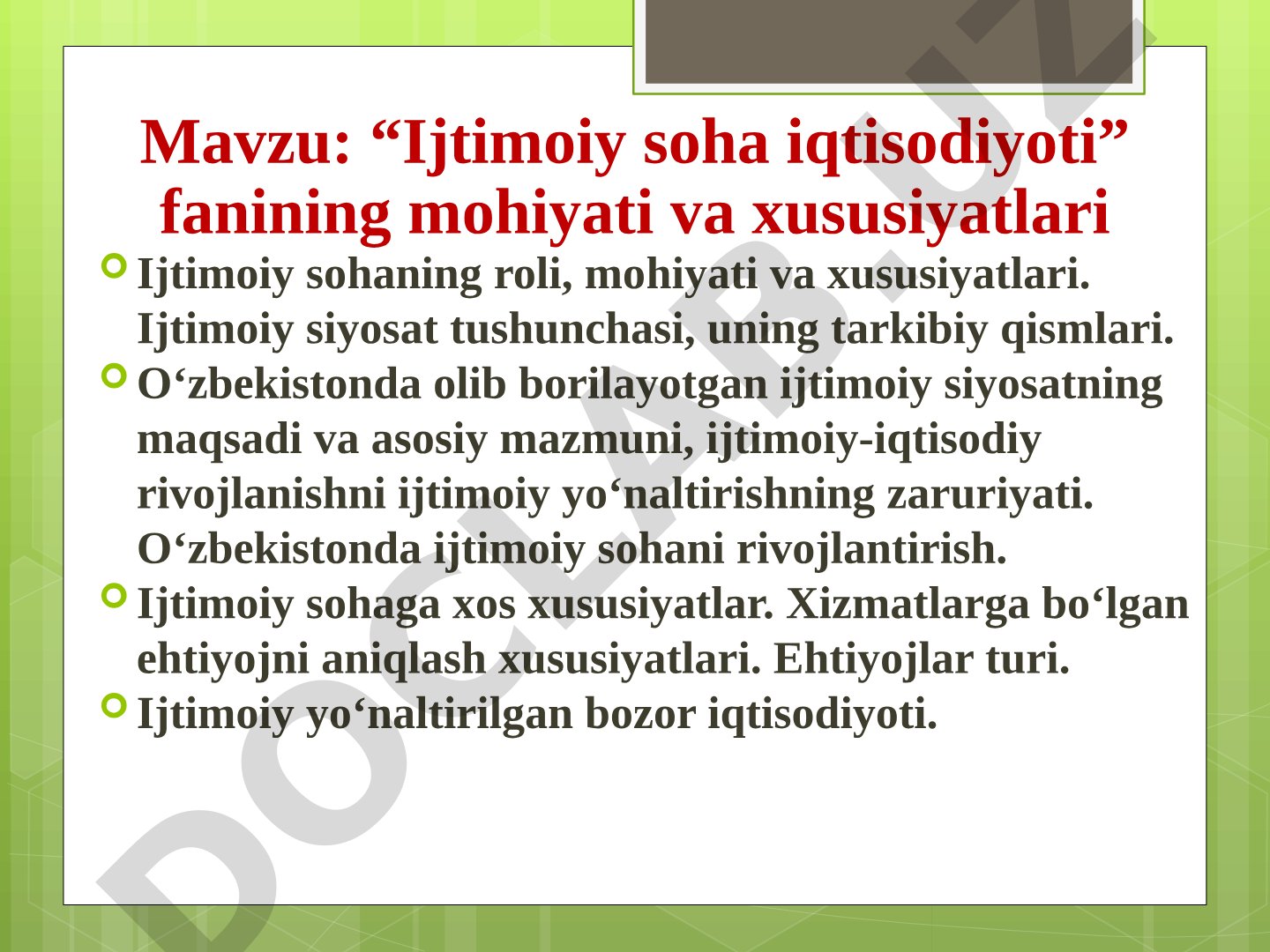 Ijtimoiy soha iqtisodiyoti taqdimoti