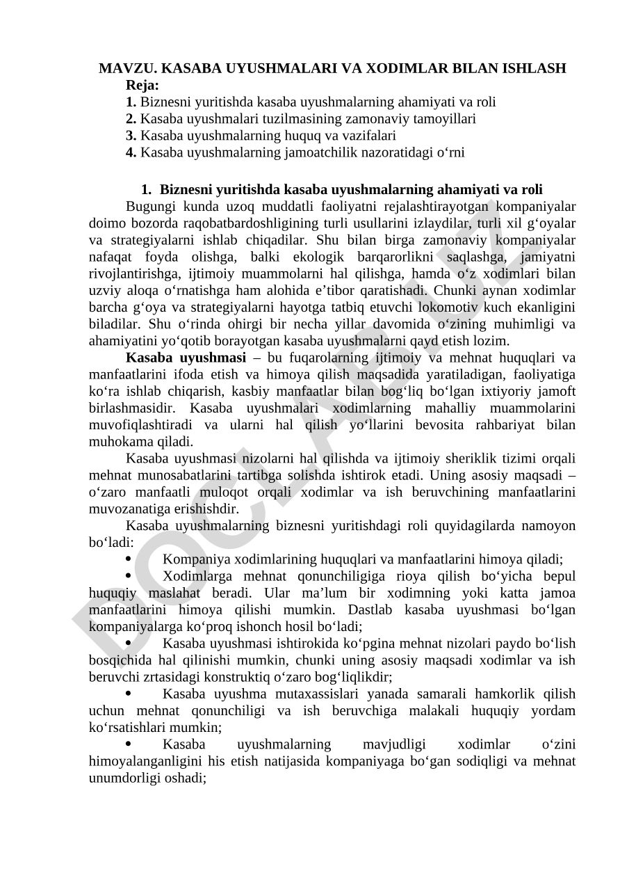 KASABA UYUSHMALARI VA XODIMLAR BILAN ISHLASH