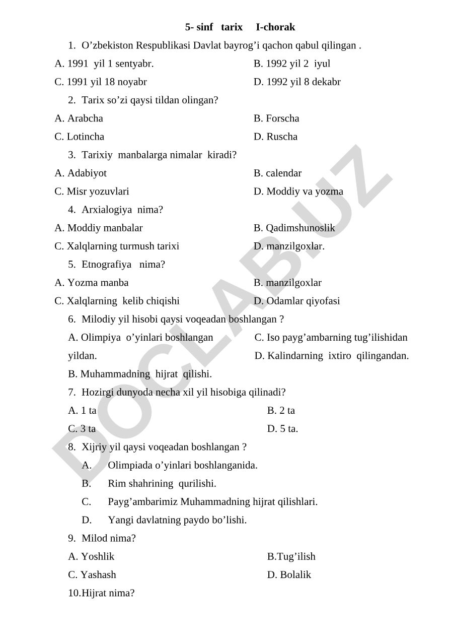 5-sinf tarix fanidan test savollari