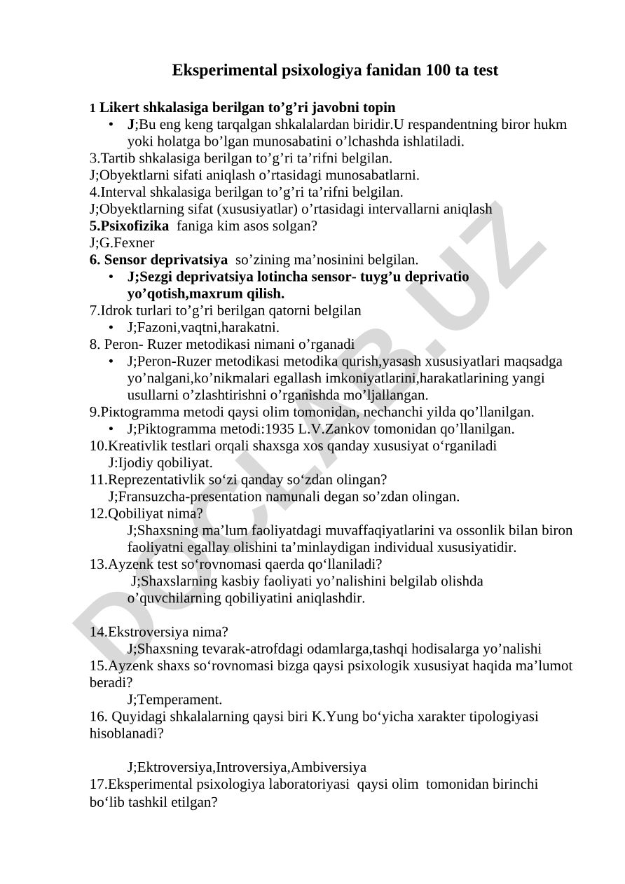 Eksperimental psixologiya fanidan testlar va metodlar
