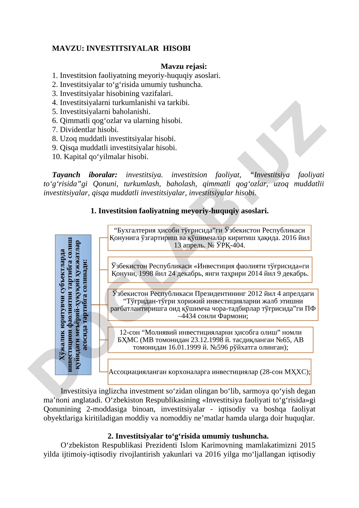 Investitsiyalar hisobi kurs ishi