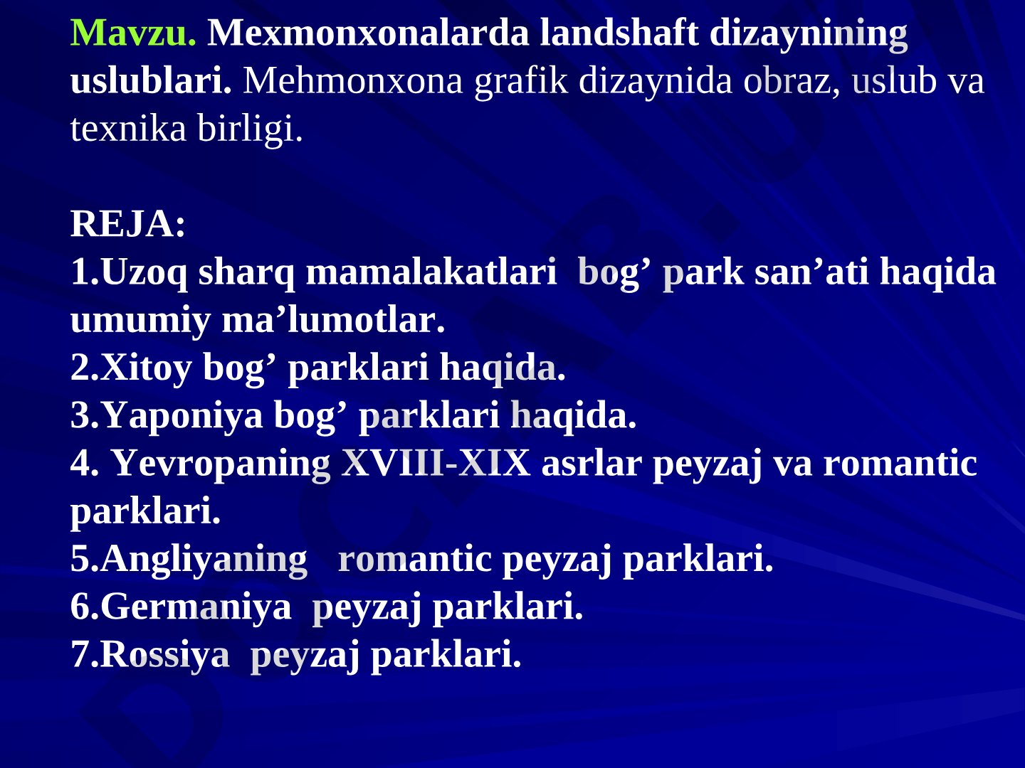 Mehmonxona landshaft dizayni taqdimoti