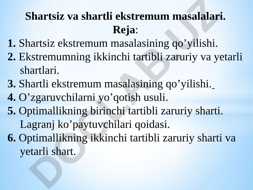 Shartsiz va shartli ekstremum masalalari