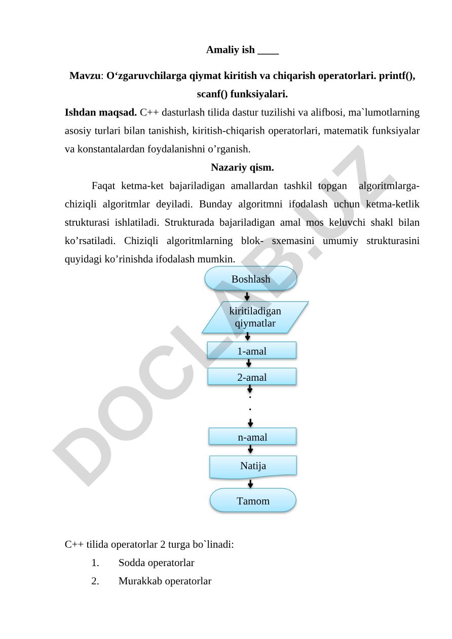 O‘zgaruvchilarga qiymat kiritish va chiqarish operatorlari. printf(), scanf() funksiyalari
