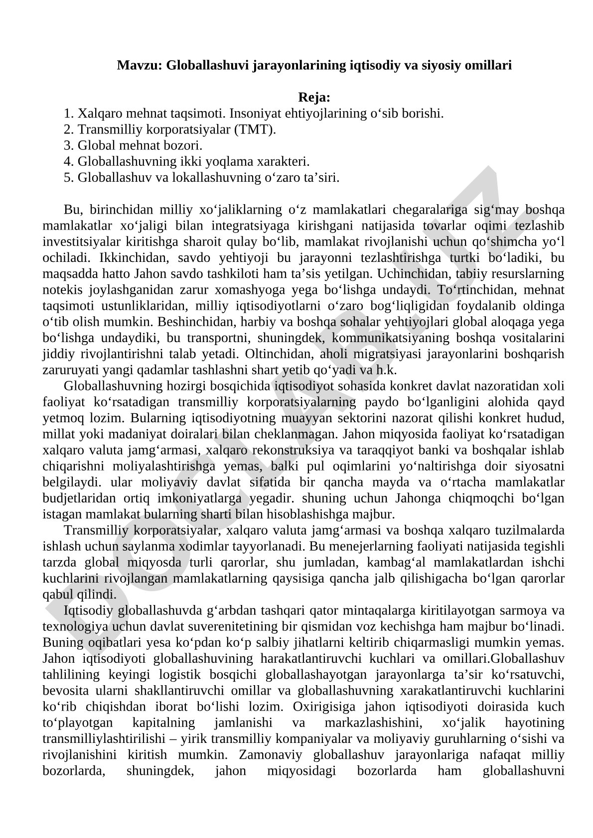 Globallashuv jarayonlari kurs ishi
