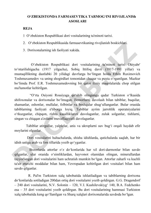 O'zbekistonda farmasevtika tarmog'ini rivojlanish asoslari