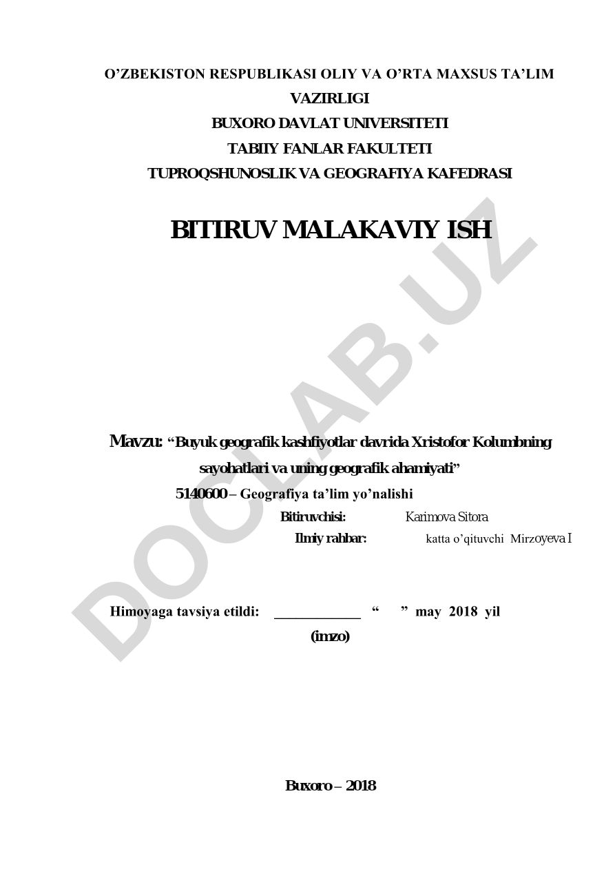 Buyuk geografik kashfiyotlar davrida Xristofor Kolumbning sayohatlari va uning geografik ahamiyati