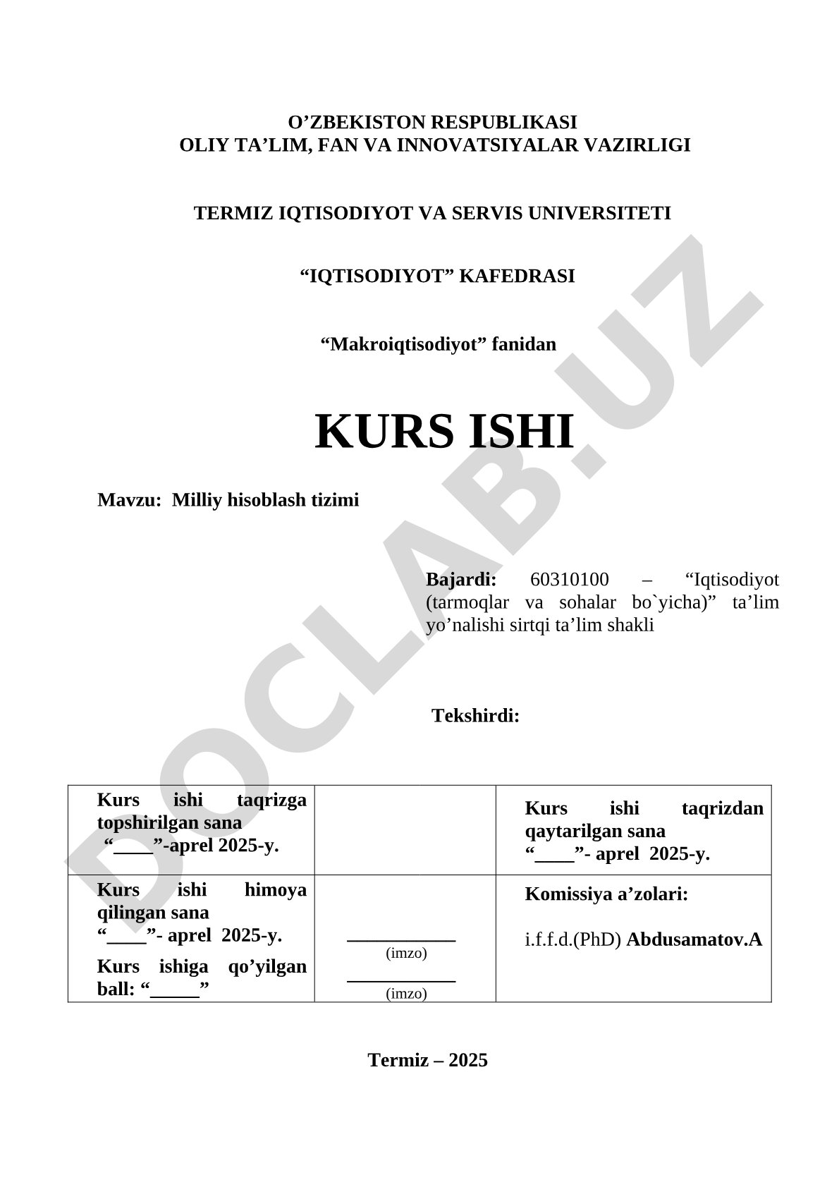 Makroiqtisodiyot fanidan kurs ishi