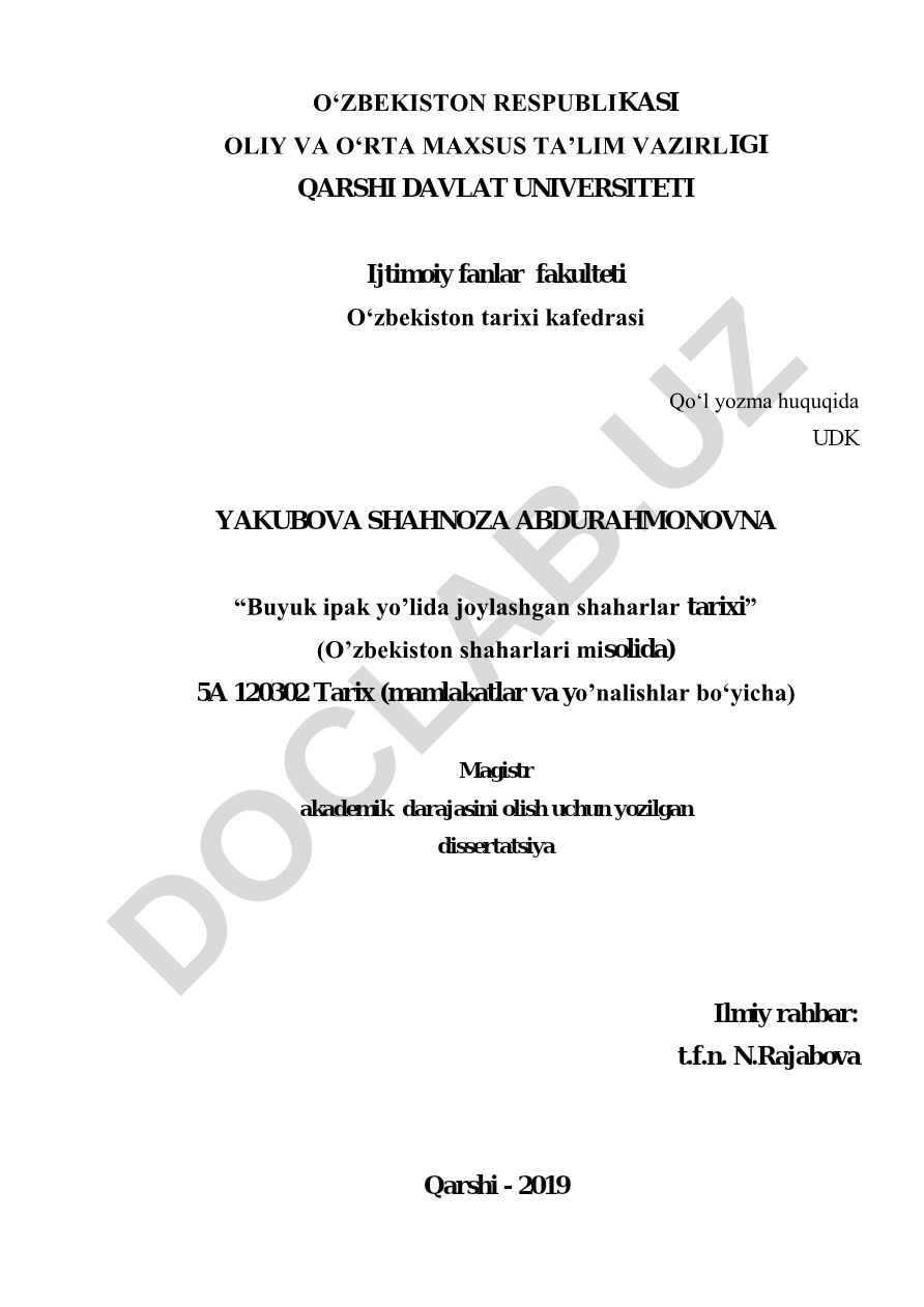 Buyuk ipak yo'lida joylashgan shaharlar tarixi (O'zbekiston shaharlari misolida)