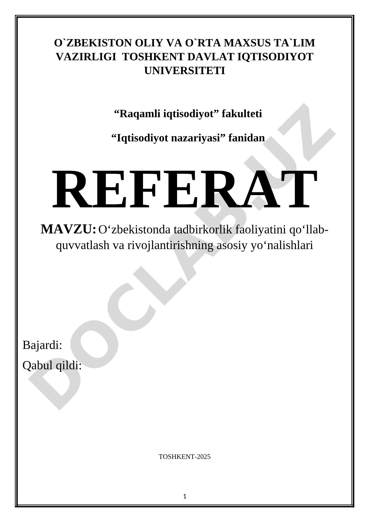Tadbirkorlikni rivojlantirish referati
