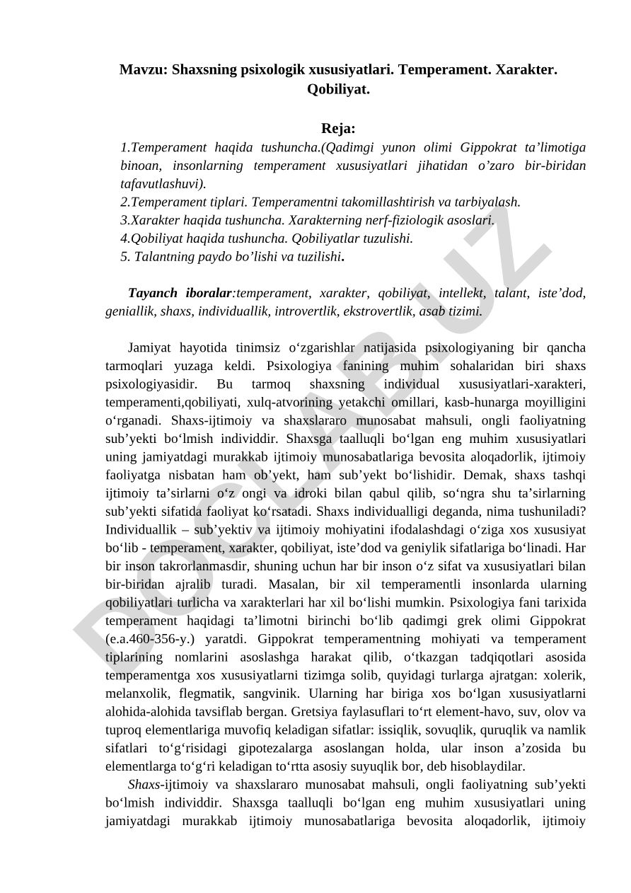 Shaxsning psixologik xususiyatlari. Temperament. Xarakter. Qobiliyat