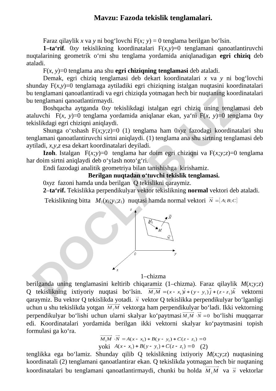 Fazoda tekislik tenglamalari