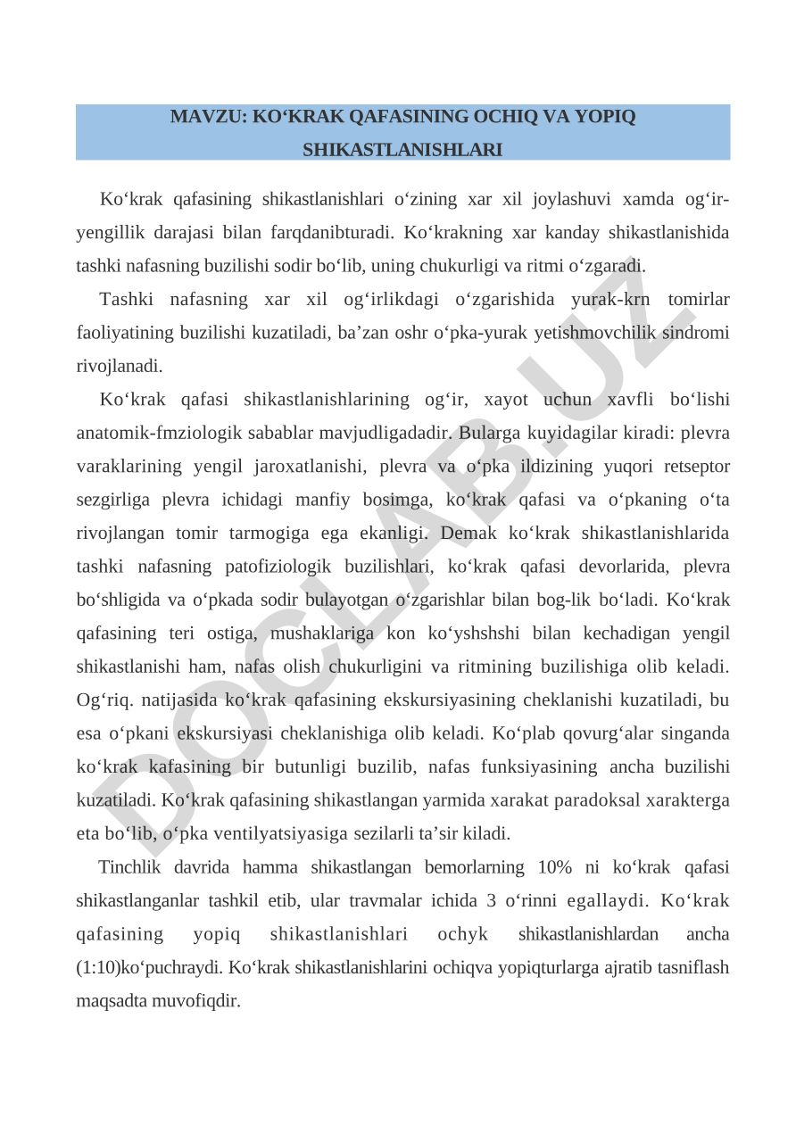 KO‘KRAK QAFASINING OCHIQ VA YOPIQ SHIKASTLANISHLARI