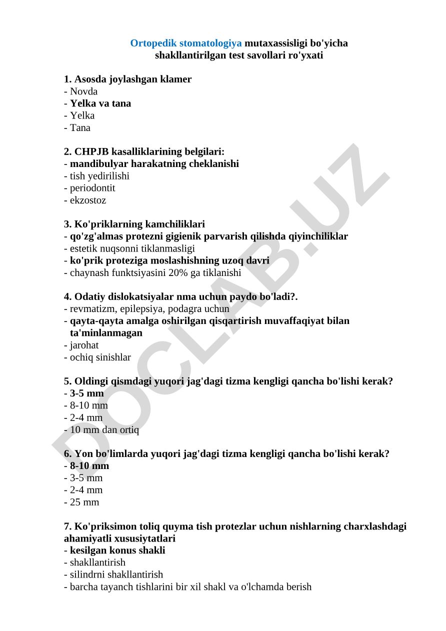 Ortopedik stomatologiya mutaxassisligi bo'yicha test savollari