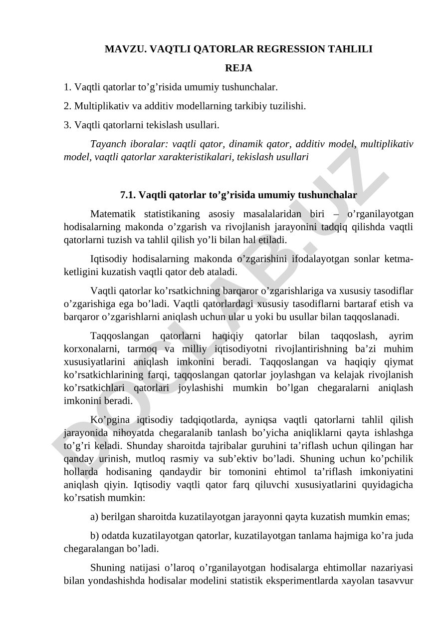 Vaqtli qatorlar regression tahlili reja