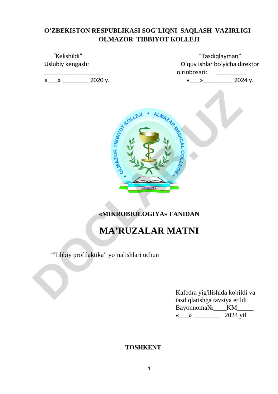 Mikrobiologiya fanidan ma'ruzalar matni