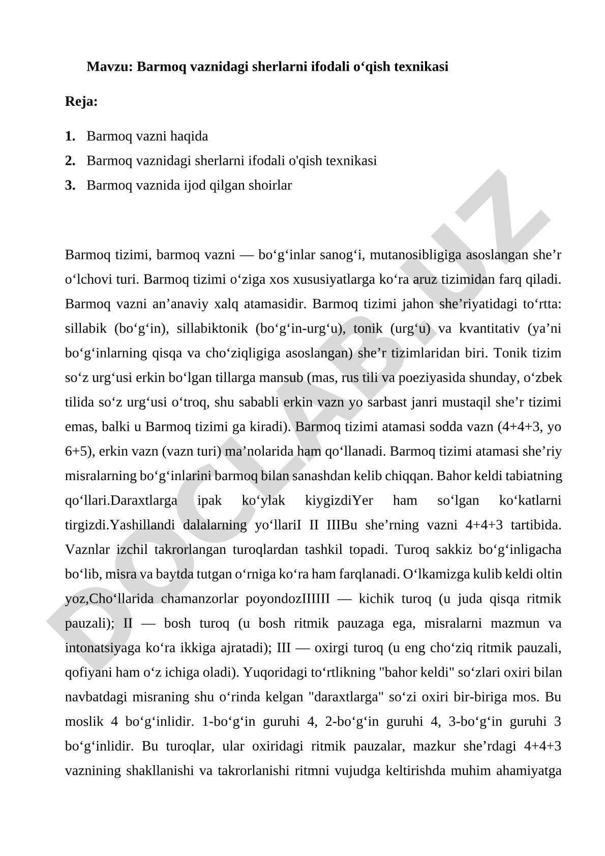 Barmoq vaznidagi sherlarni ifodali o‘qish texnikasi