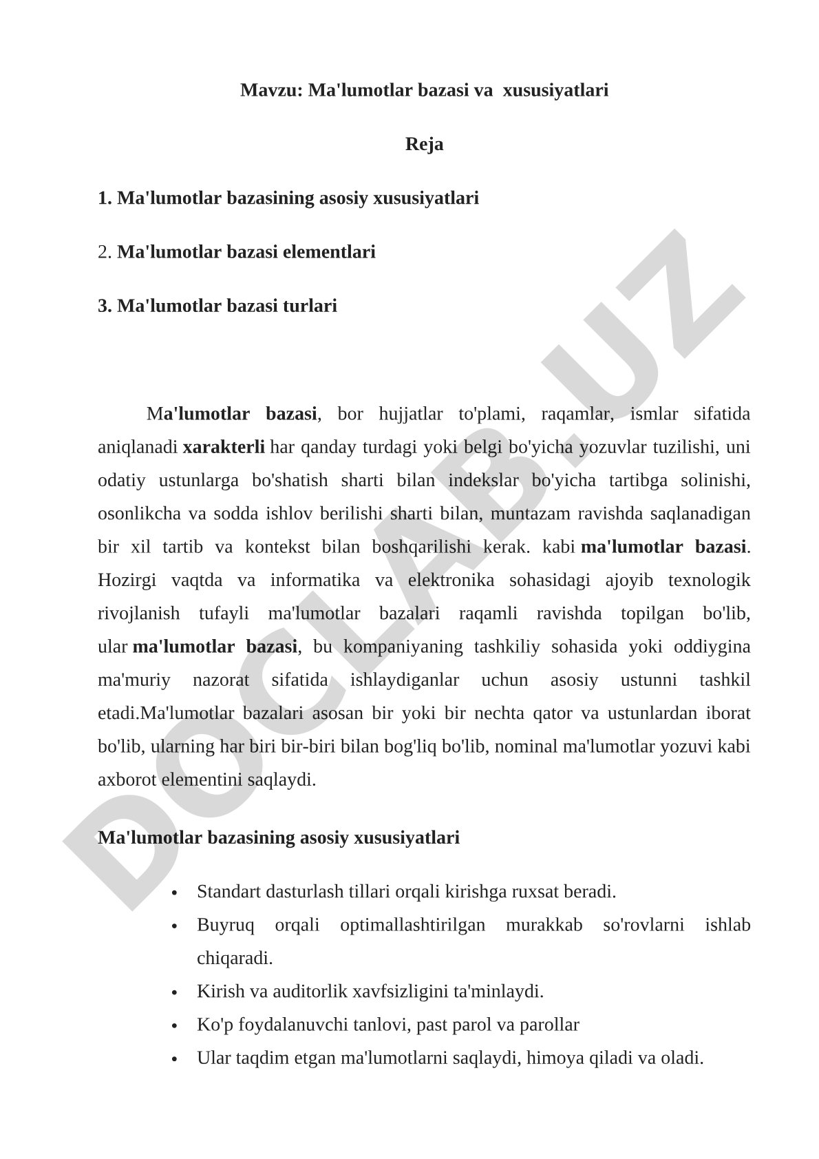 Ma'lumotlar bazasi va xususiyatlari