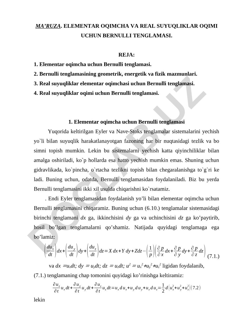 Elementar oqimcha va real suyuqliklar oqimi uchun Bernulli tenglamasi