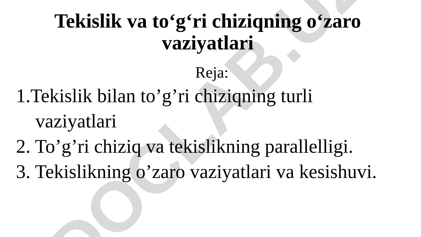 Tekislik va to'g'ri chiziqning o'zaro vaziyatlari