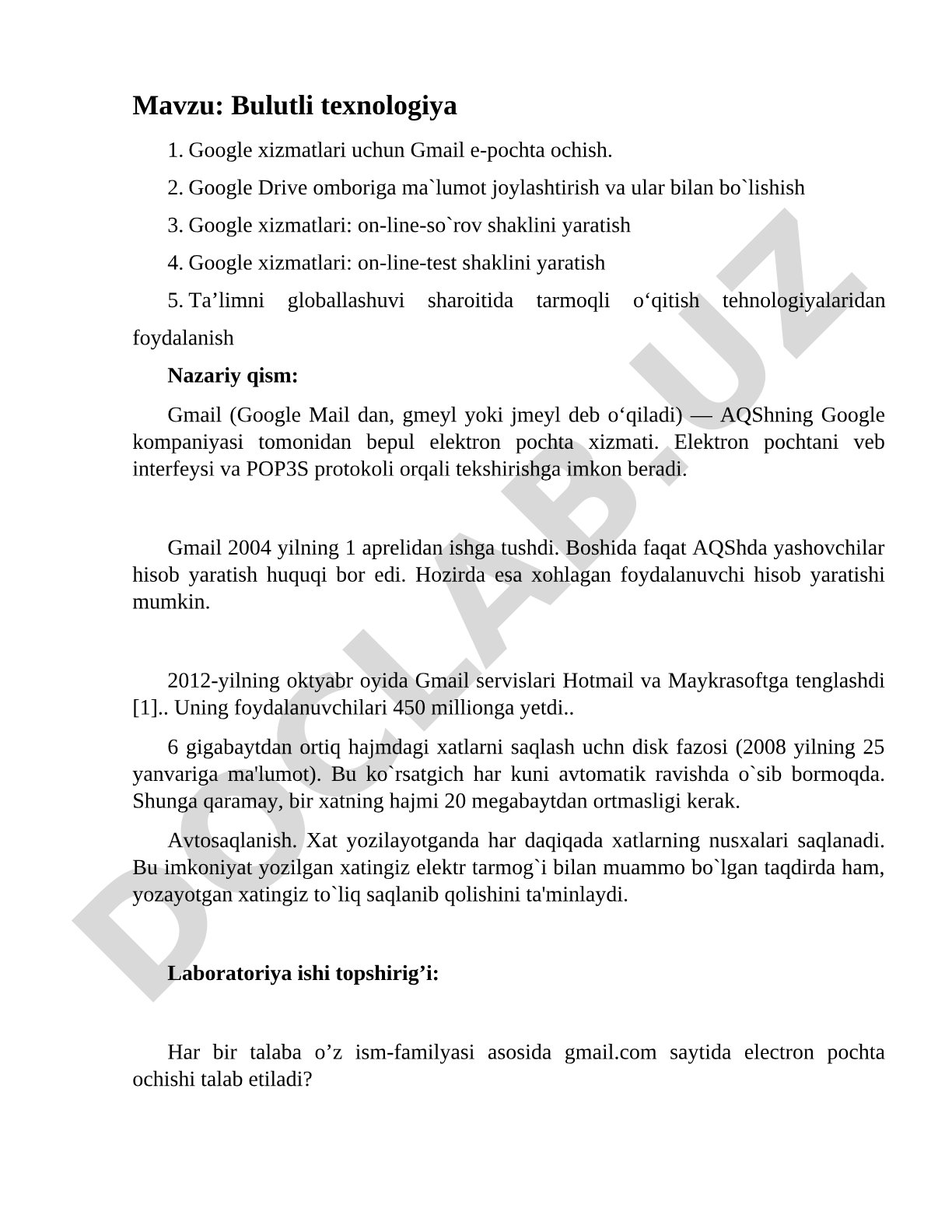Google xizmatlari bo'yicha kurs ishi