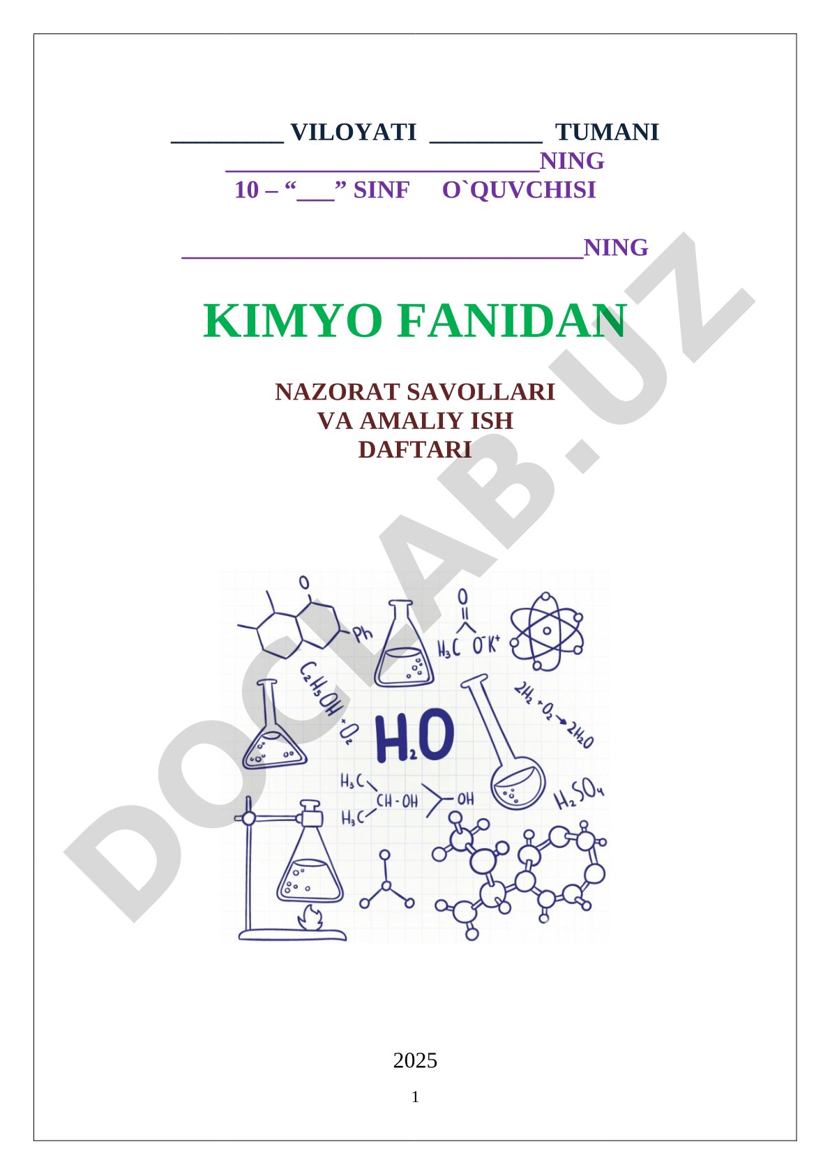 Kimyo fanidan nazorat savollari