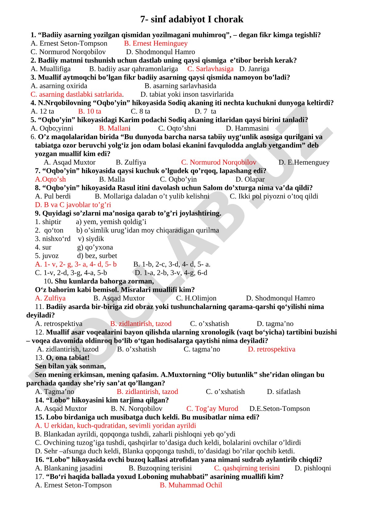 7-sinf adabiyot I chorak test savollari