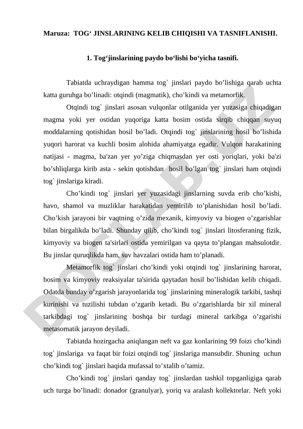 Tog‘ jinslarining kelib chiqishi va tasniflanishi