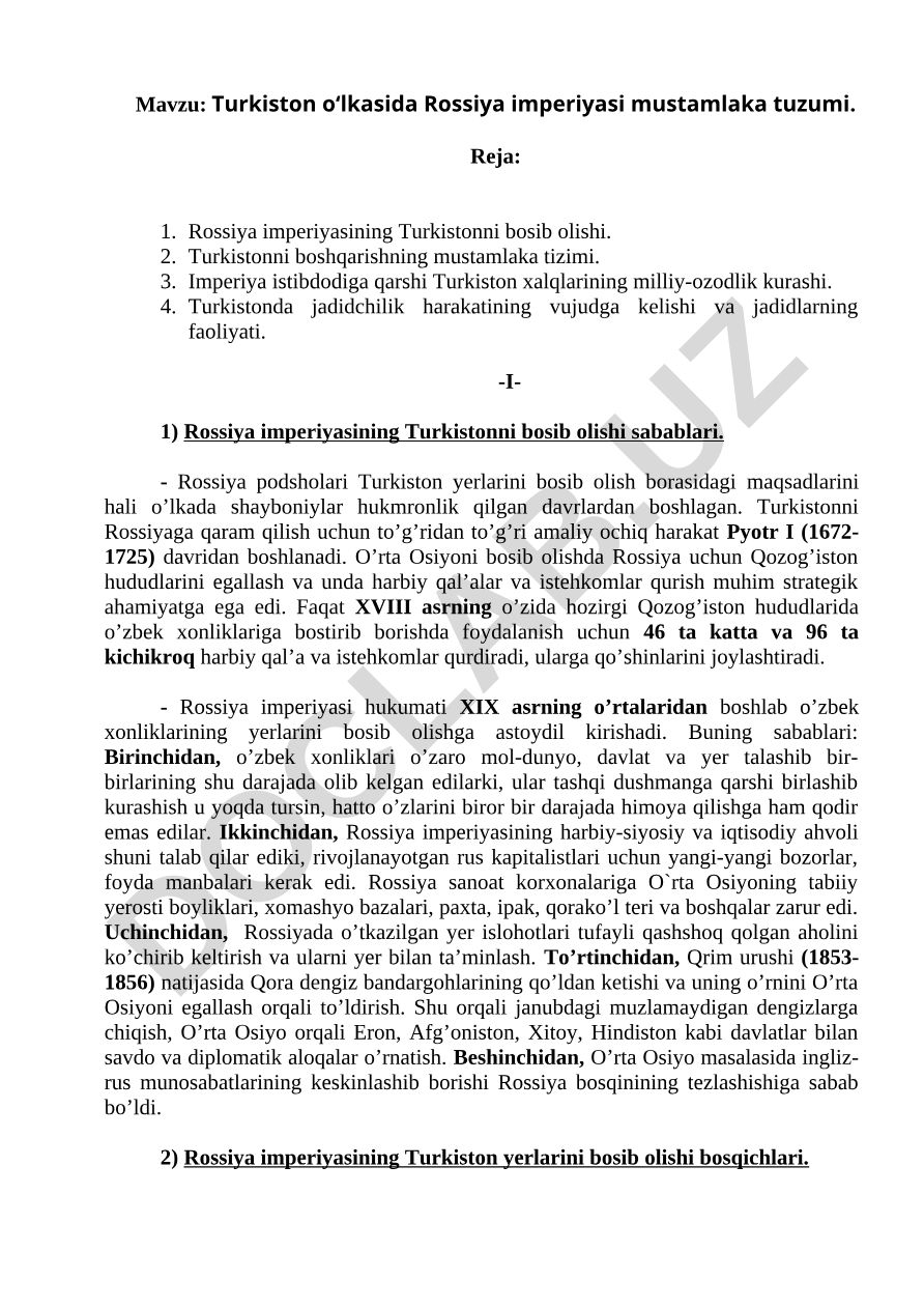 Turkiston o‘lkasida Rossiya imperiyasi mustamlaka tuzumi