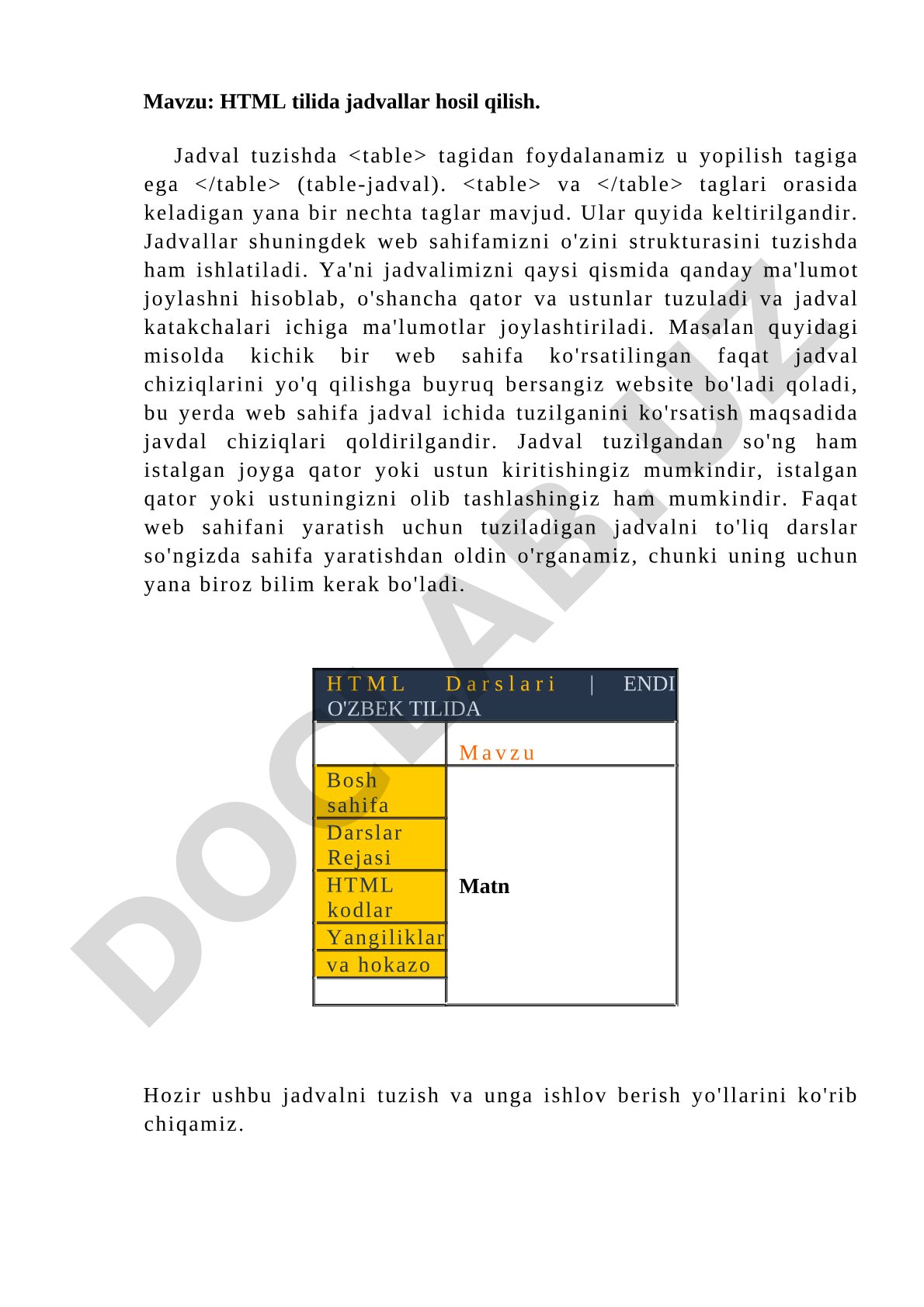 HTML jadval tuzish darsligi