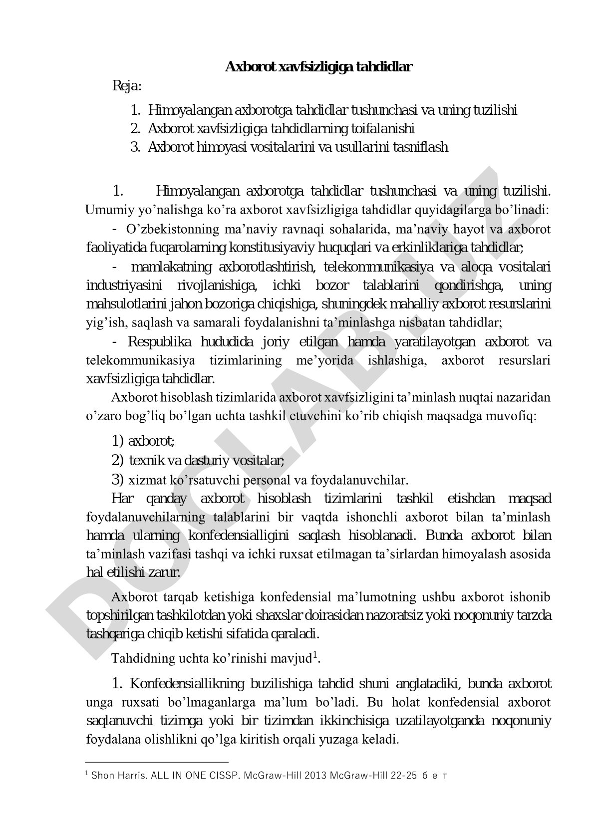 Axborot xavfsizligi tahdidlari rejasi