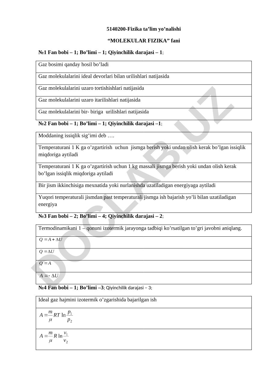 Molekulyar fizika fanidan test savollari
