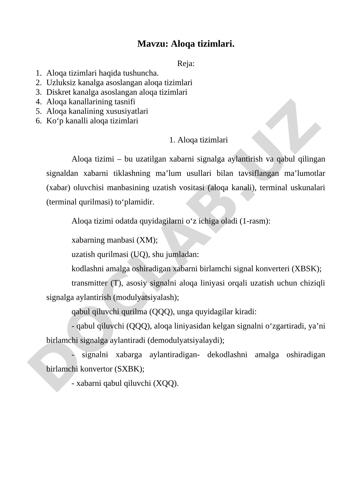 Aloqa tizimlari kurs ishi