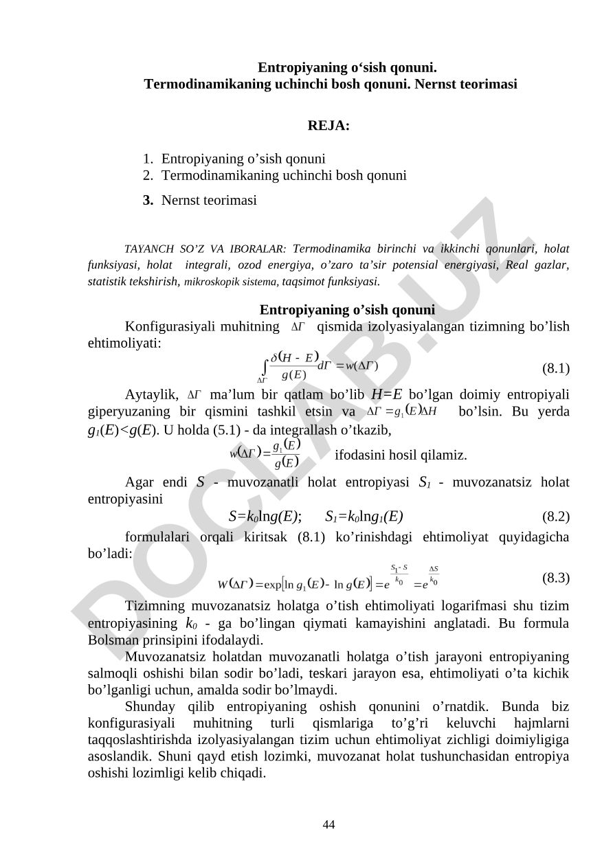 Entropiyaning o‘sish qonuni, termodinamikaning uchinchi bosh qonuni va Nernst teorimasi