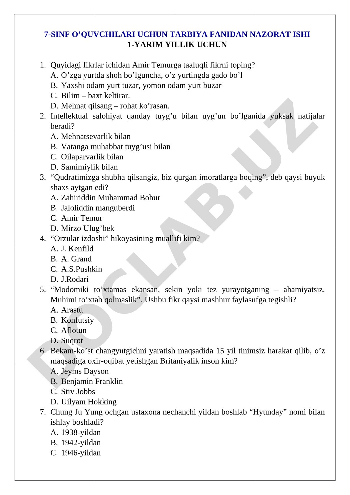 7-sinf o'quvchilari uchun tarbiya fanidan nazorat ishi 1-yarim yillik uchun