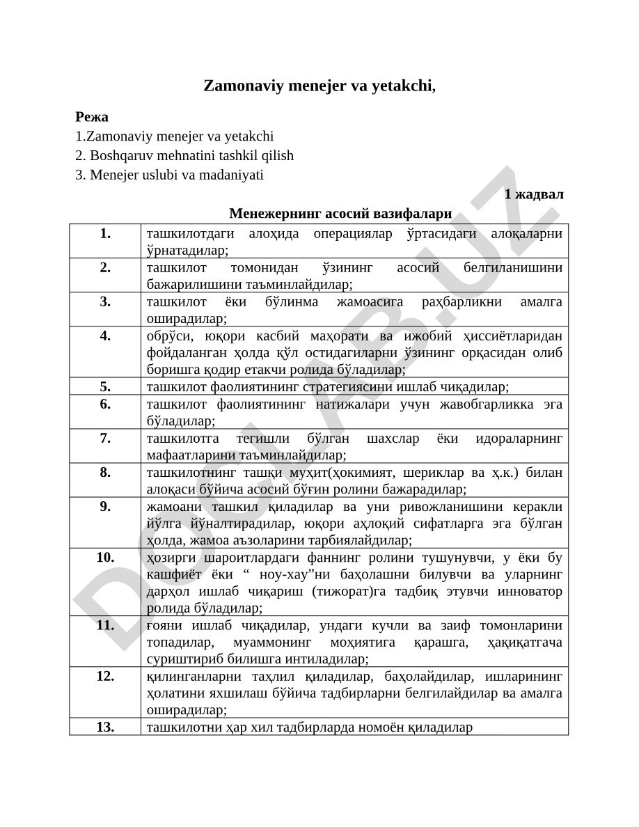 Zamonaviy menejer va yetakchi, boshqaruv mehnatini tashkil qilish, menejer uslubi va madaniyati