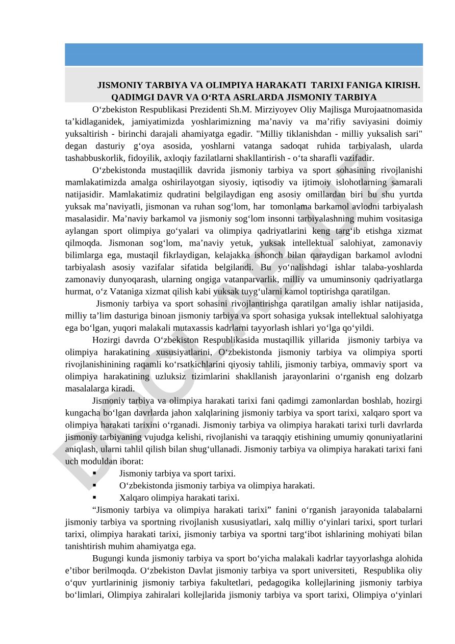 Jismoniy tarbiya va olimpiya harakati tarixi fani kirish. Qadimgi davr va o‘rta asrlarda jismoniy tarbiya