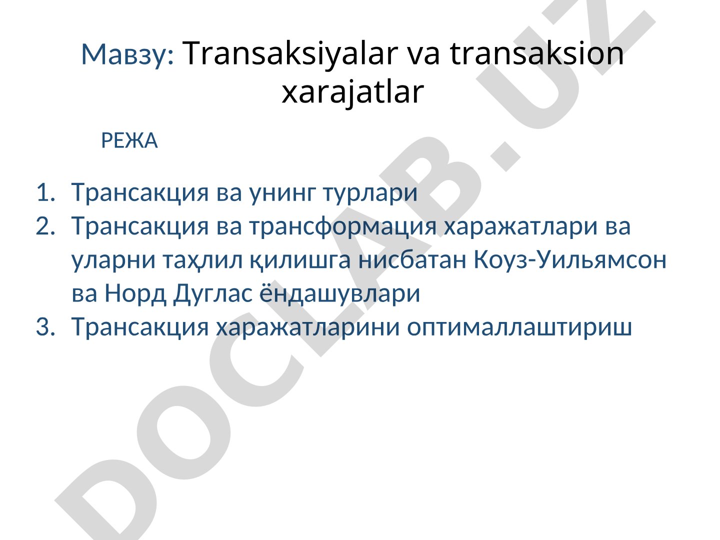 Transaksiyalar va xarajatlar taqdimoti