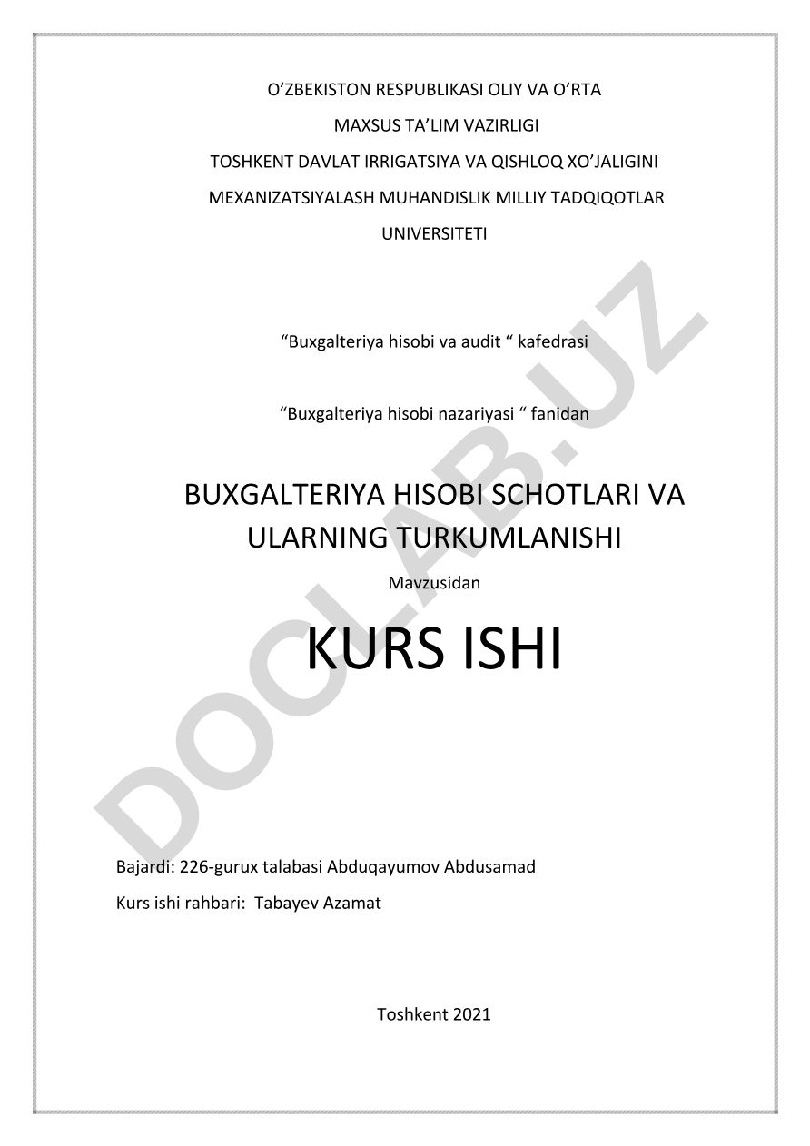 Buxgalteriya hisobi schotlari va ularning turkumlanishi