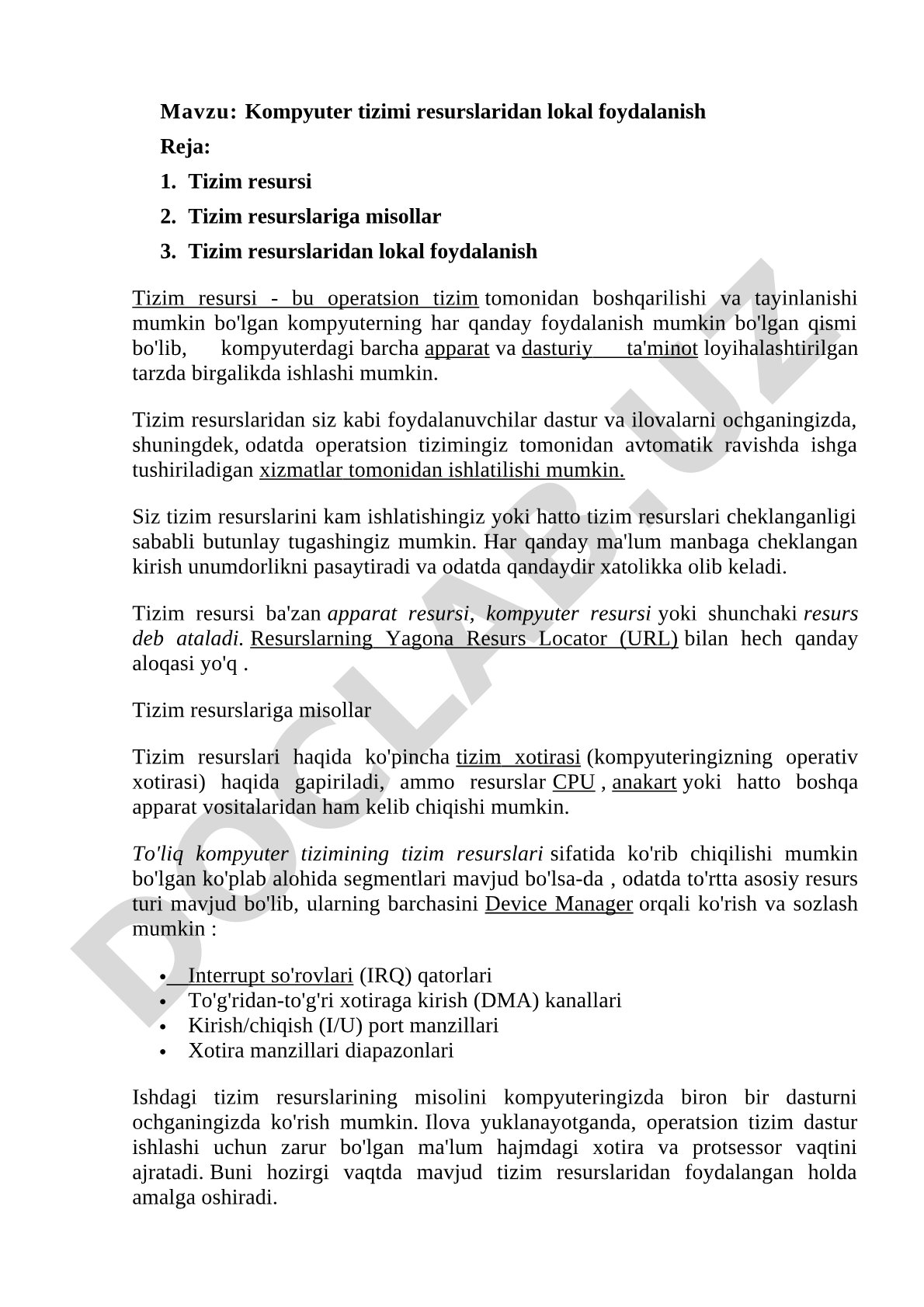 Kompyuter tizimi resurslari kurs ishi