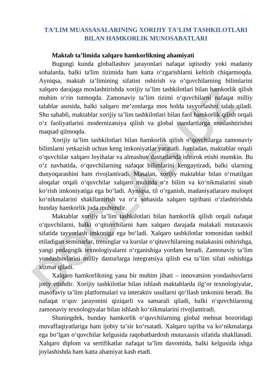 Ta’lim muassasalarining xorijiy ta’lim tashkilotlari bilan hamkorlik munosabatlari