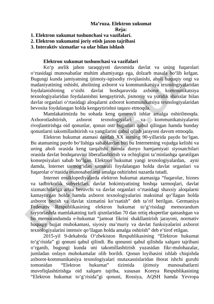 Elektron xukumat tushunchasi va joriy etish tajribasi