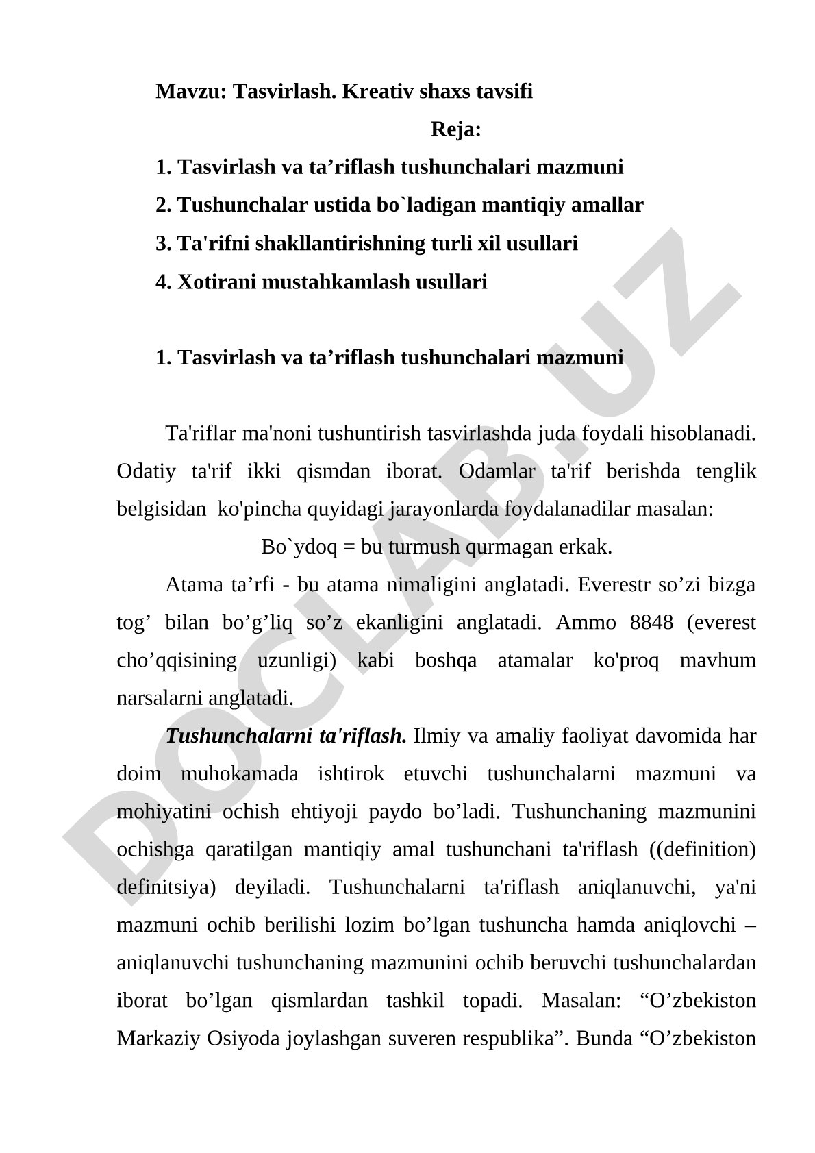 Tasvirlash va ta'riflash tushunchalari