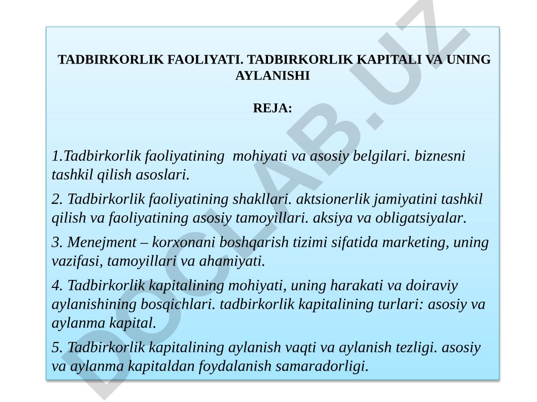 Tadbirkorlik faoliyati, kapitali va uning aylanishi