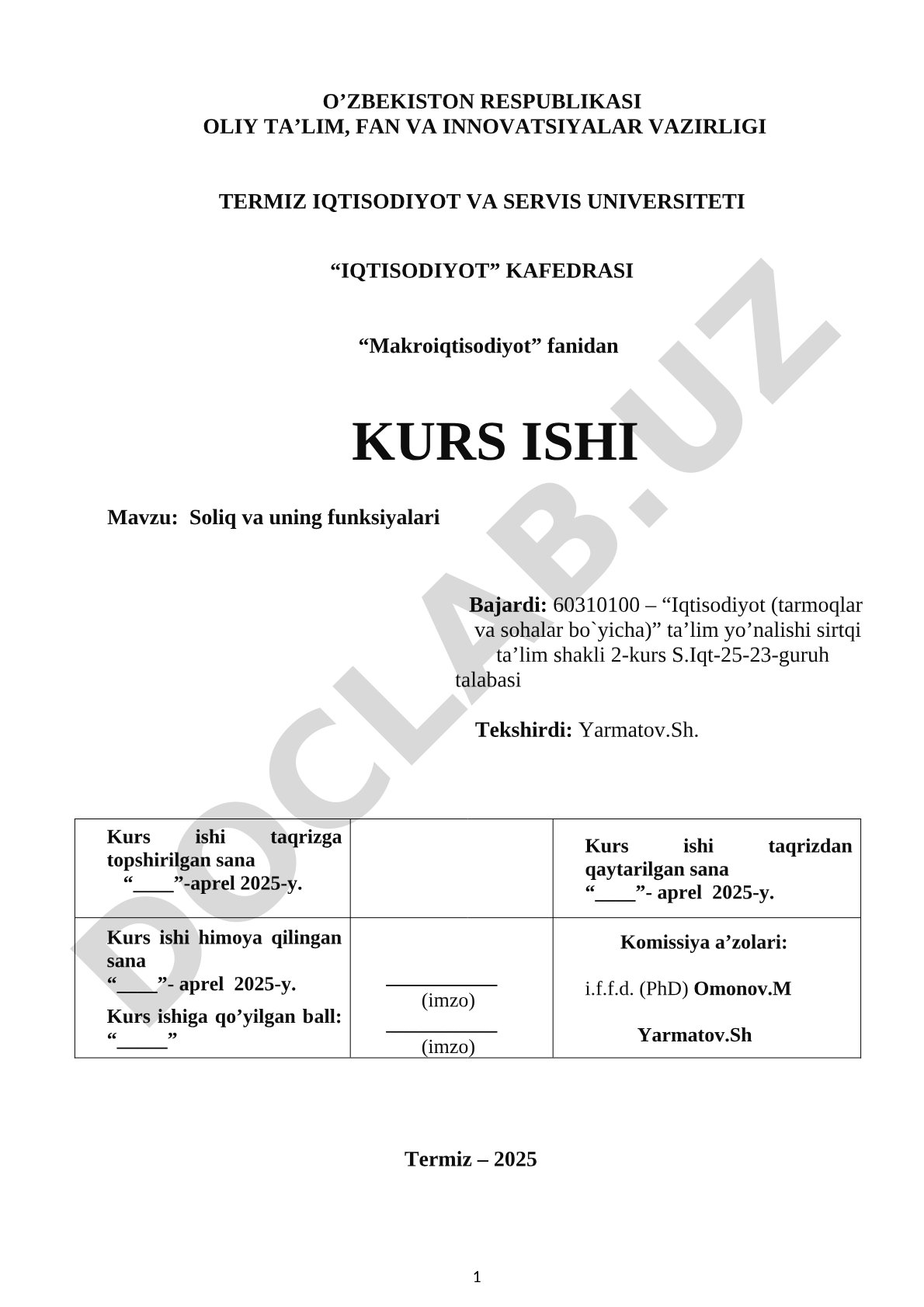 Makroiqtisodiyot kurs ishi